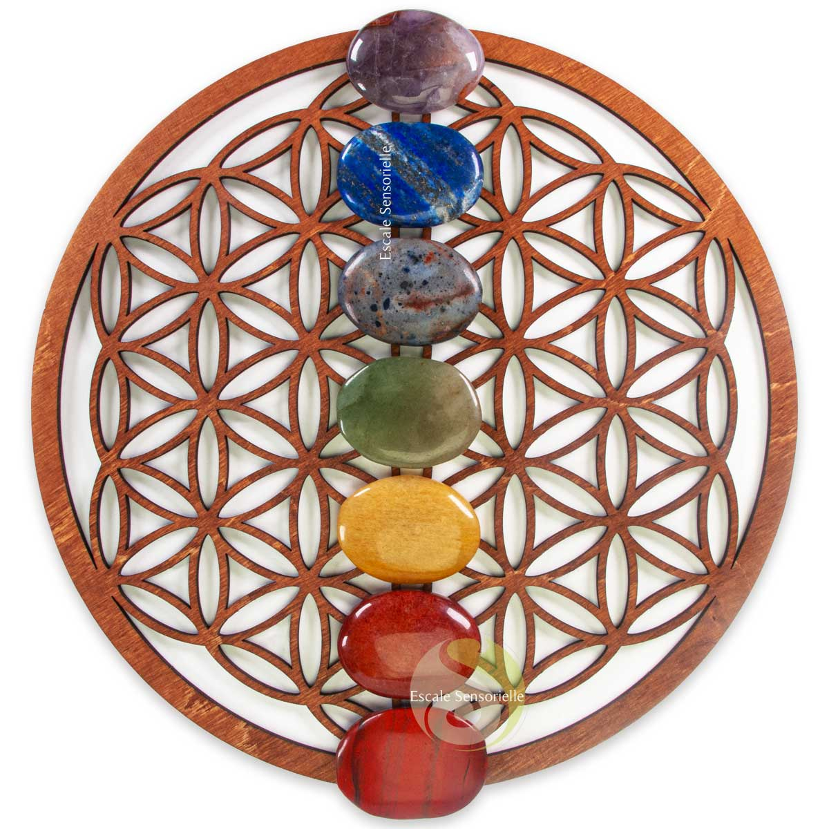 Plateau fleur de vie bois 7 chakras pierres minérales