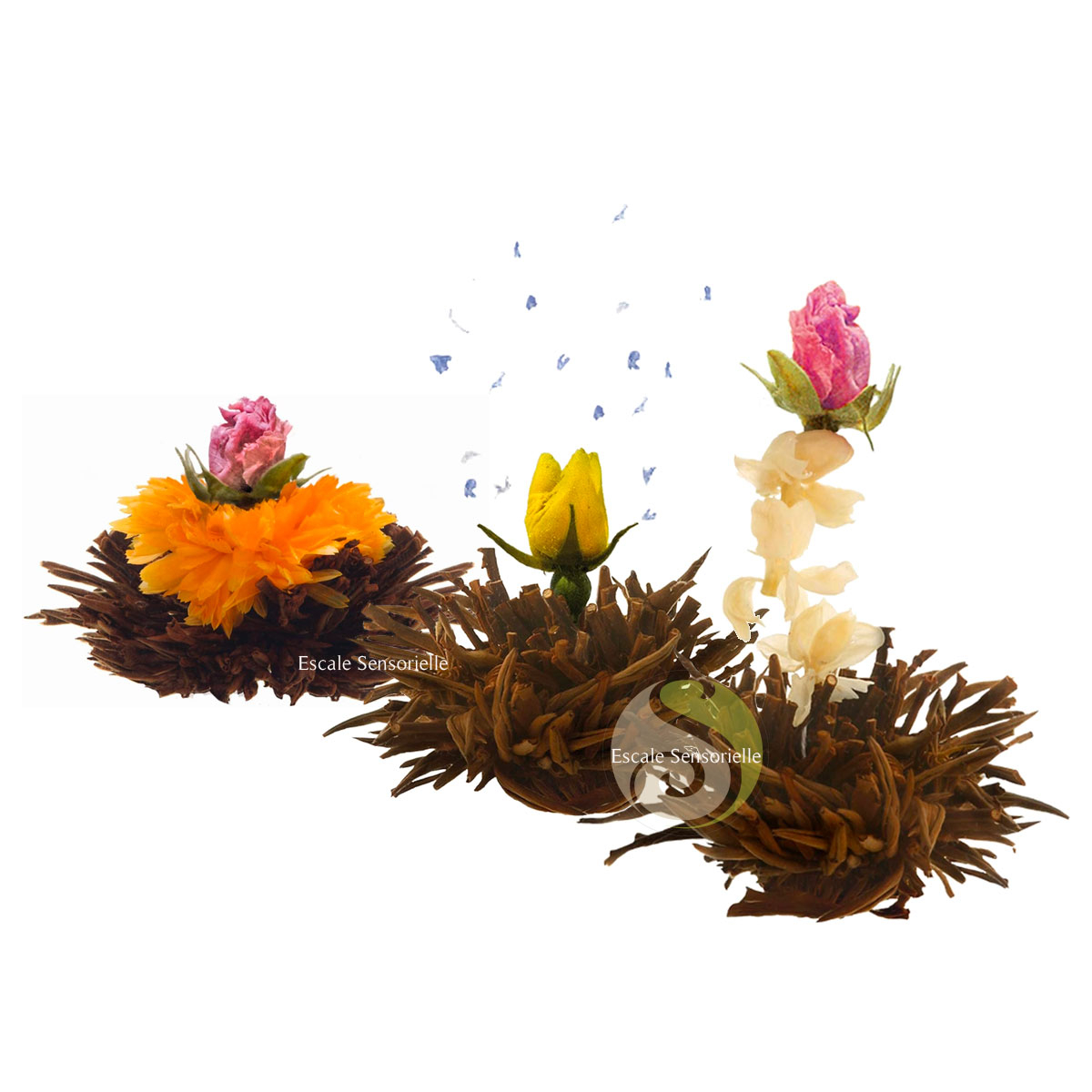 2 x 3 fleurs au thé noir confectionnées à la main rose lavande et jasmin