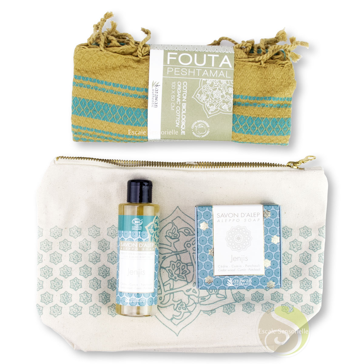 Sacoche de toilette esprit d'Alep JENJIS savon et fouta bio
