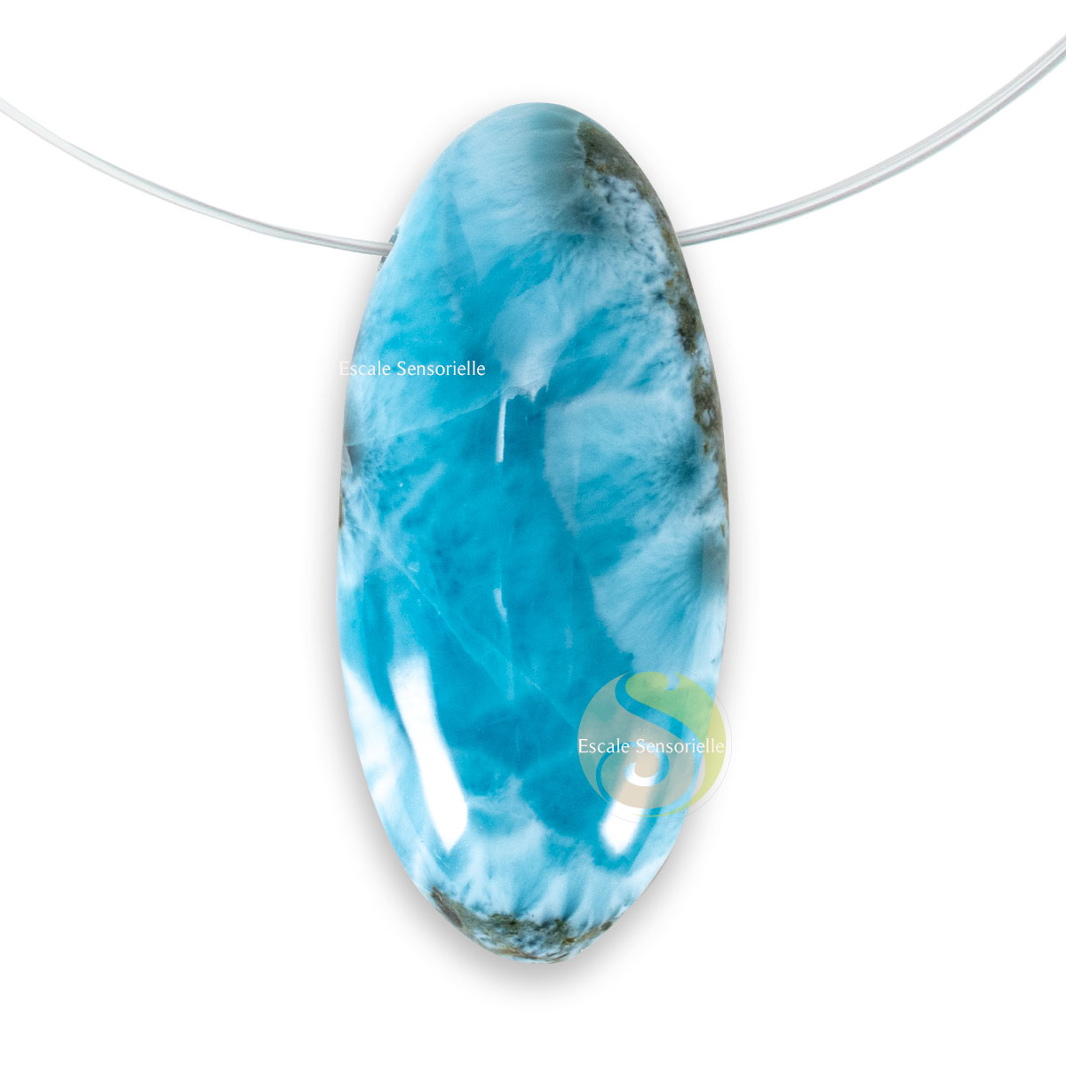 Pendentif ovale navette en larimar bleu océan bijoux naturels