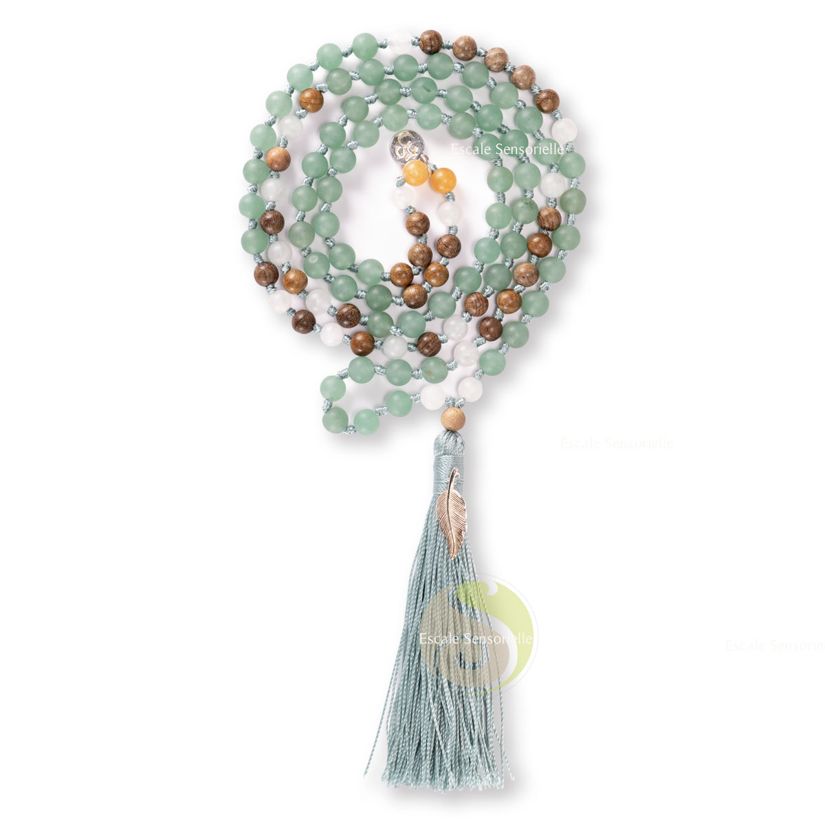 Mala aventurine et bois de santal 108 avec charme OM et feuille en argent 925