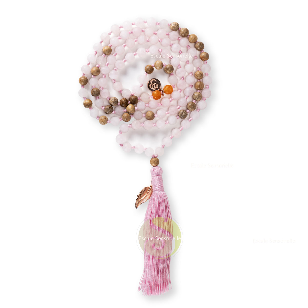 Mala quartz rose et bois de santal 108 avec charme OM et feuille en plaqué or rose