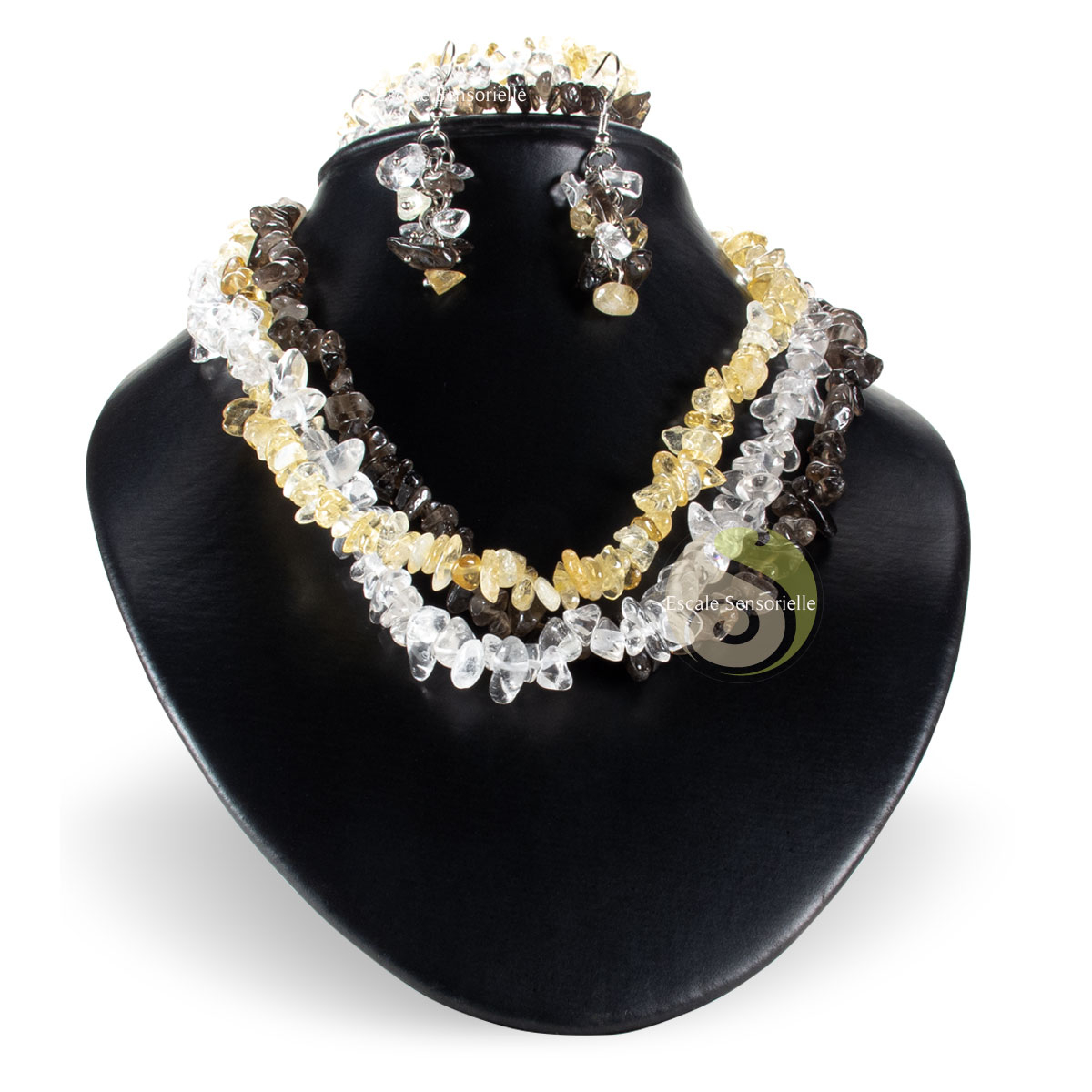 Parure de bijoux relaxation 3 pièces en citrine, cristal de roche et quartz fumé