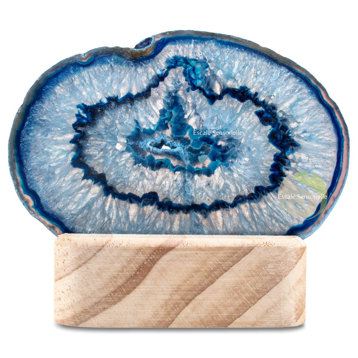 Photophore agate bleu azur teintée sur support bois