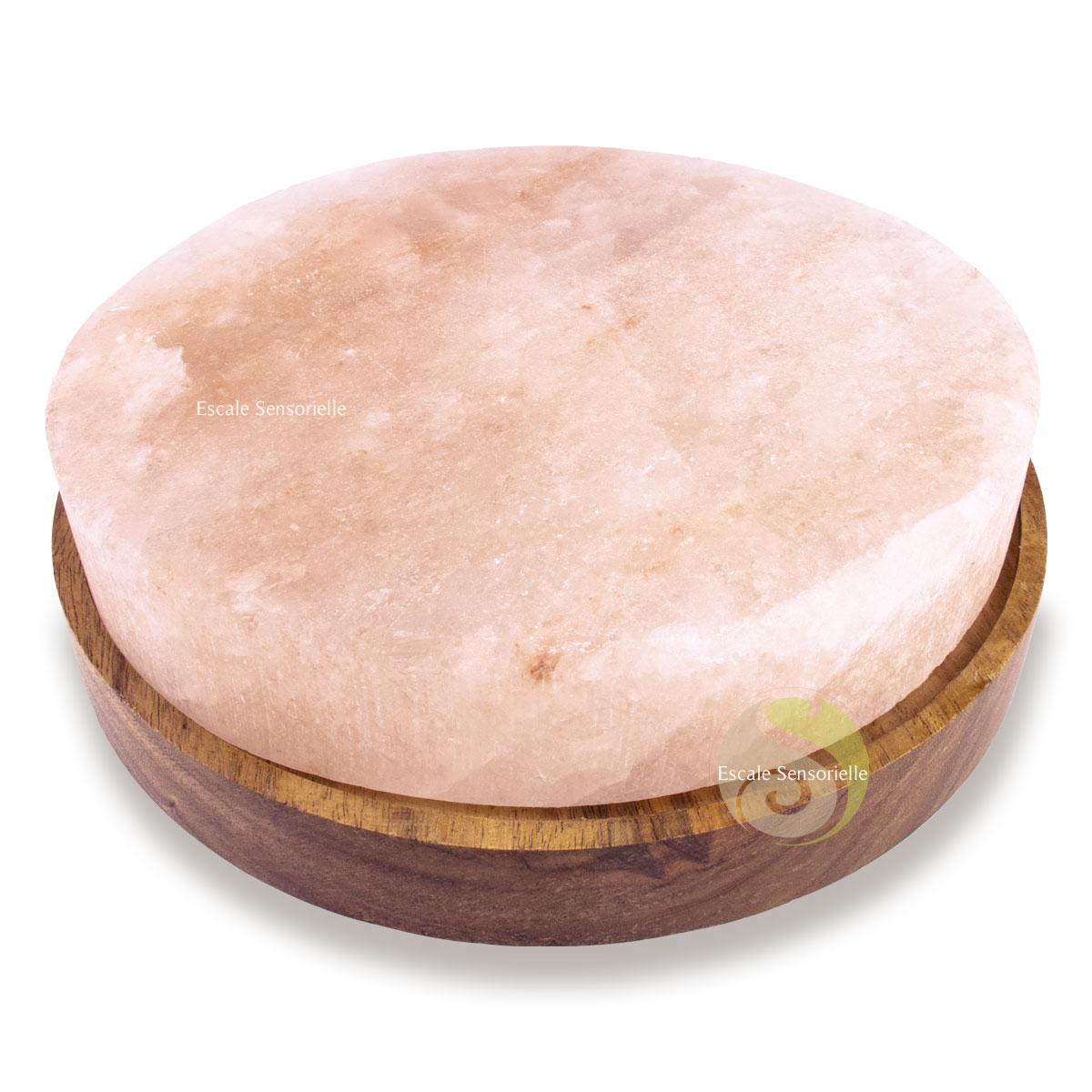 Plaque ronde sel rose Himalaya socle en bois acacia présentation culinaire