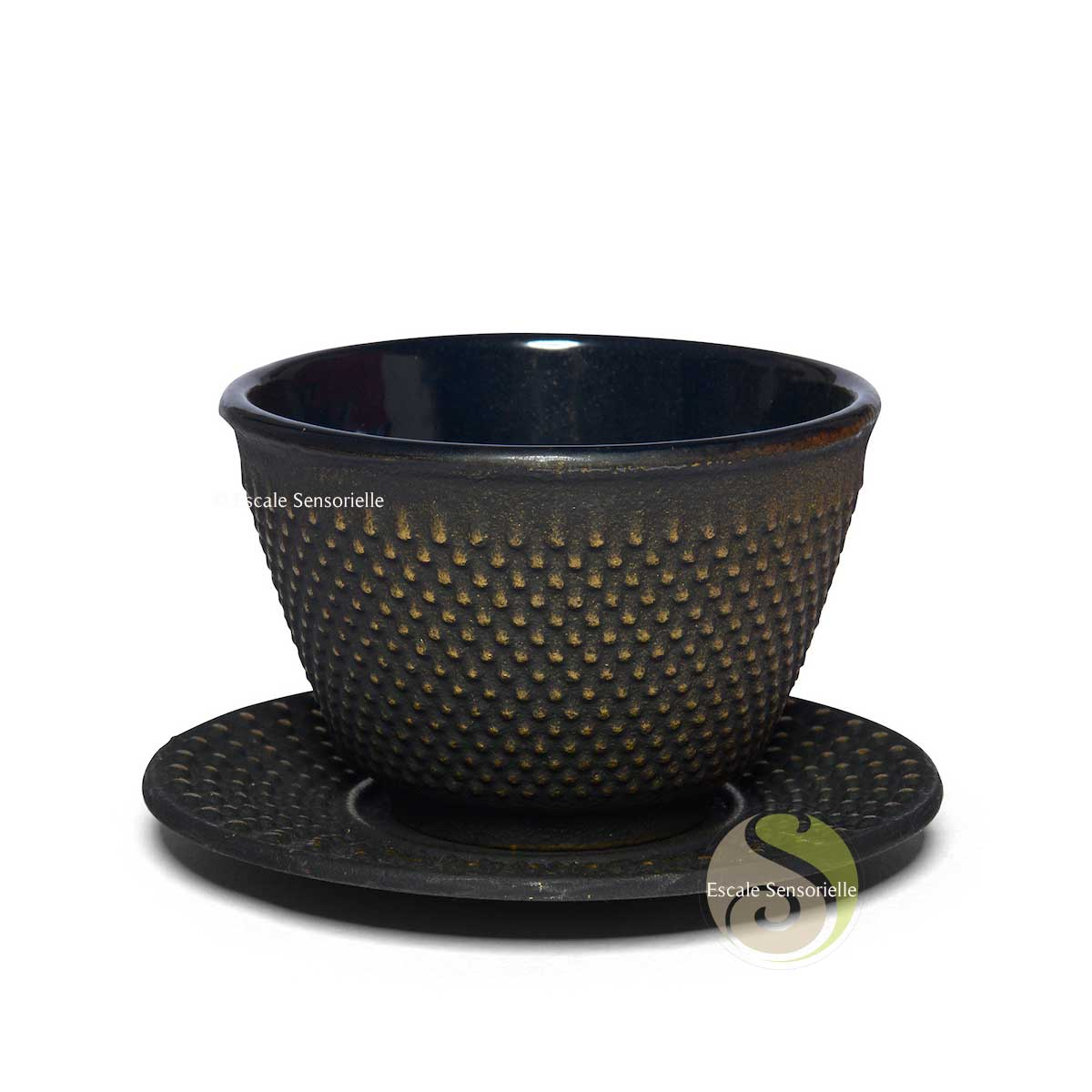 Tasse en fonte bleu et noir émaillé de 110ml avec soucoupe Miyako 