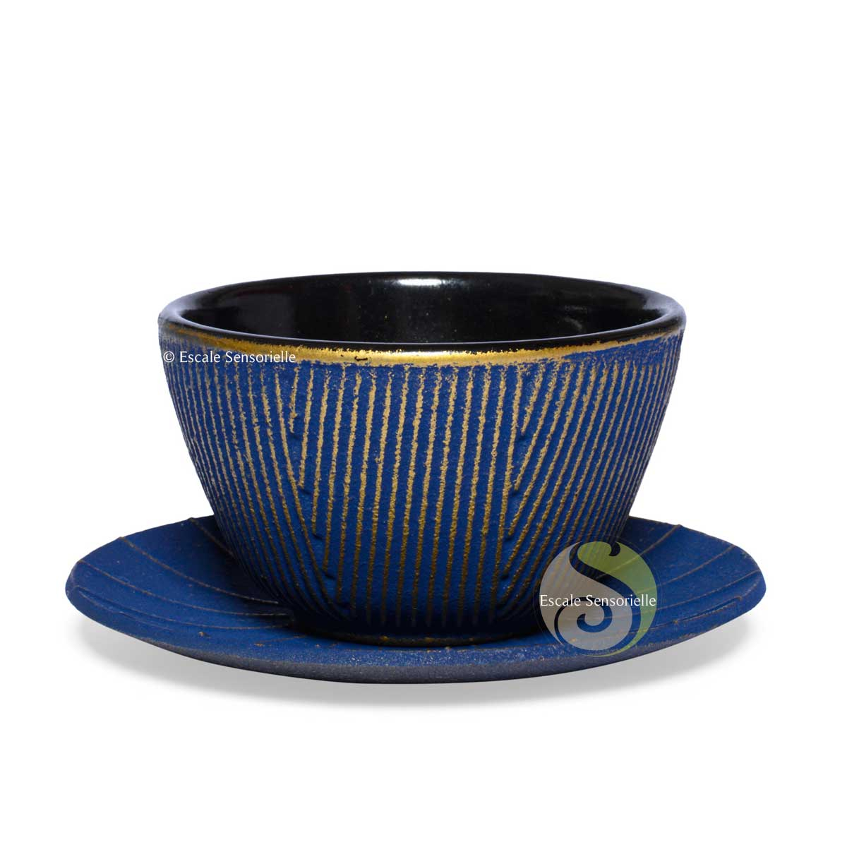 Tasse soucoupe thé bleu nuit or émaillée fonte kato duo tea time
