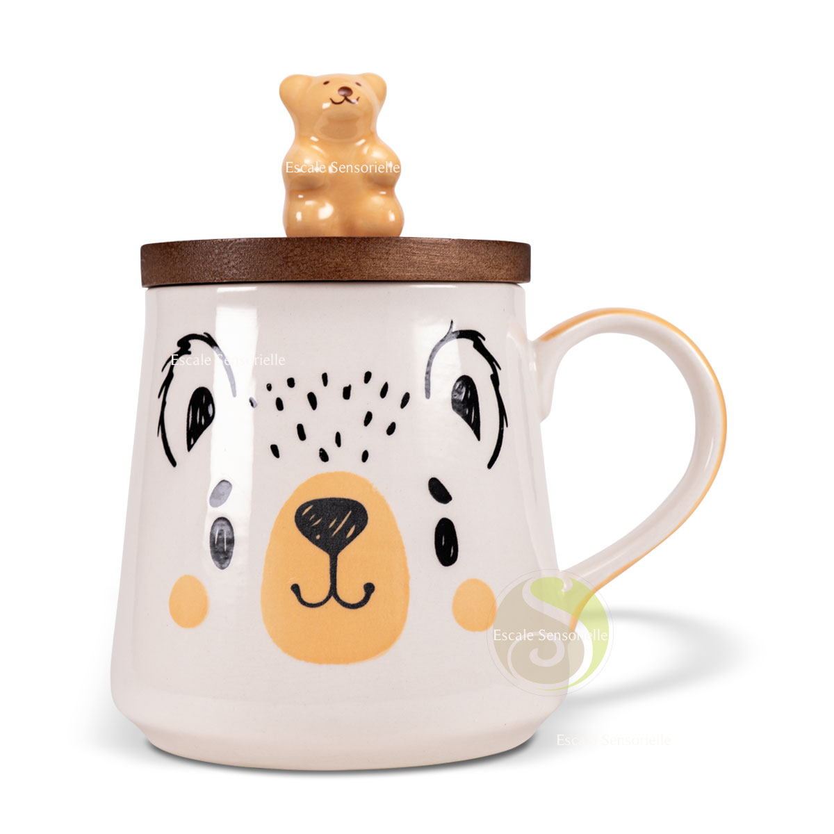 Mug ours jaune en céramique 300ml avec ourson et couvercle bois