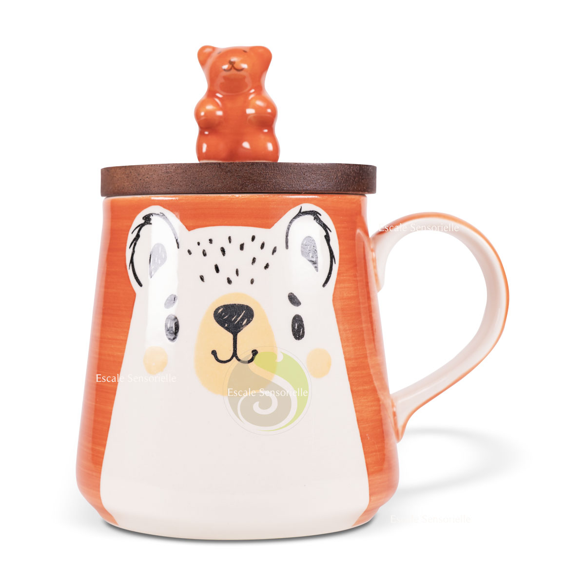 Mug ours rouge en céramique 300ml avec ourson et couvercle bois