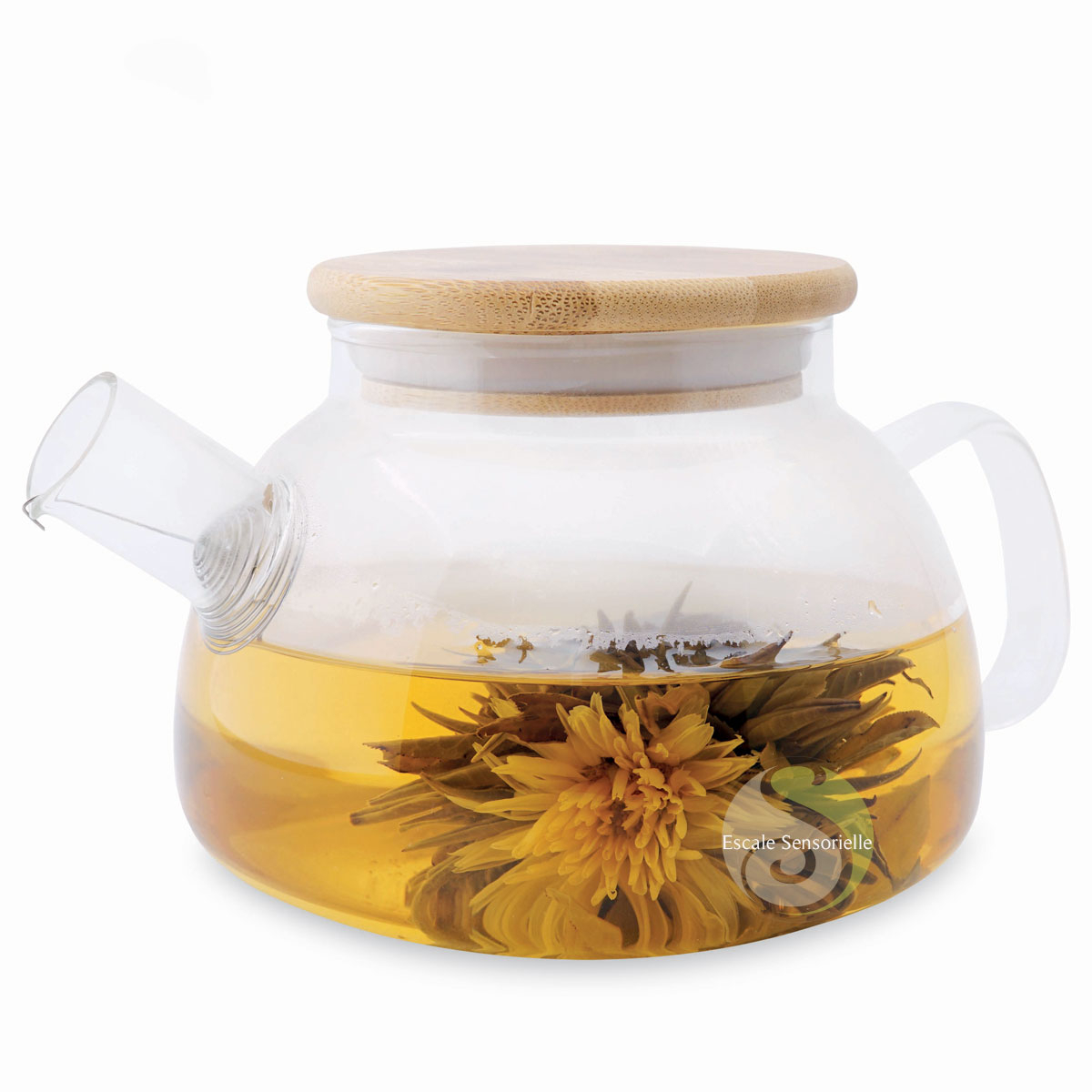 Théière 680ml verre couvercle bois filtre inox spirale amovible
