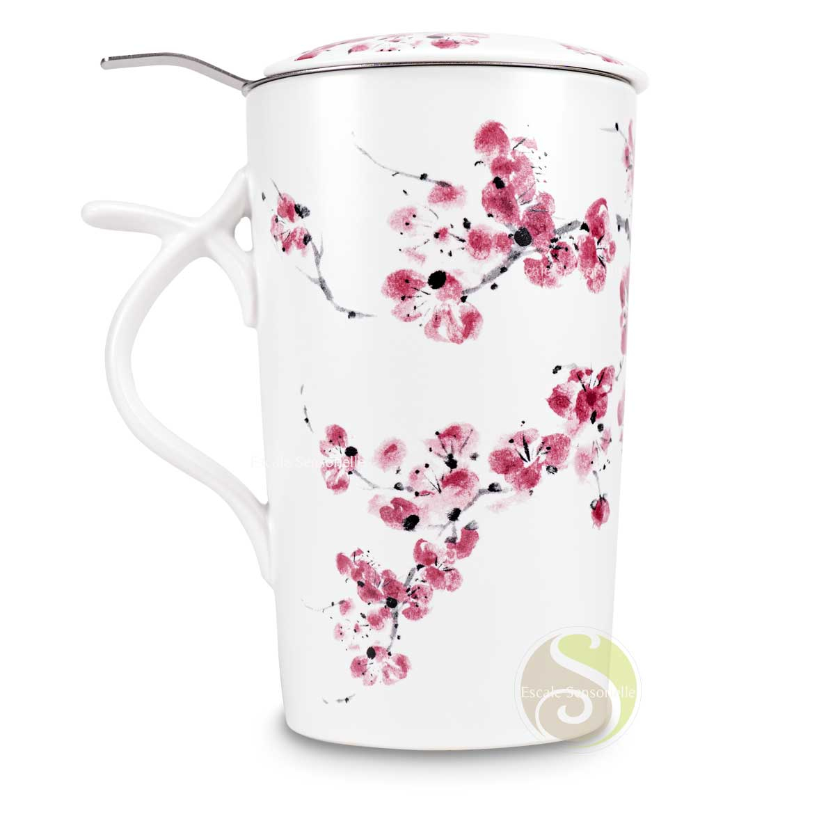 Tisanière cerisier en fleurs céramique anse ergonomique filtre inox