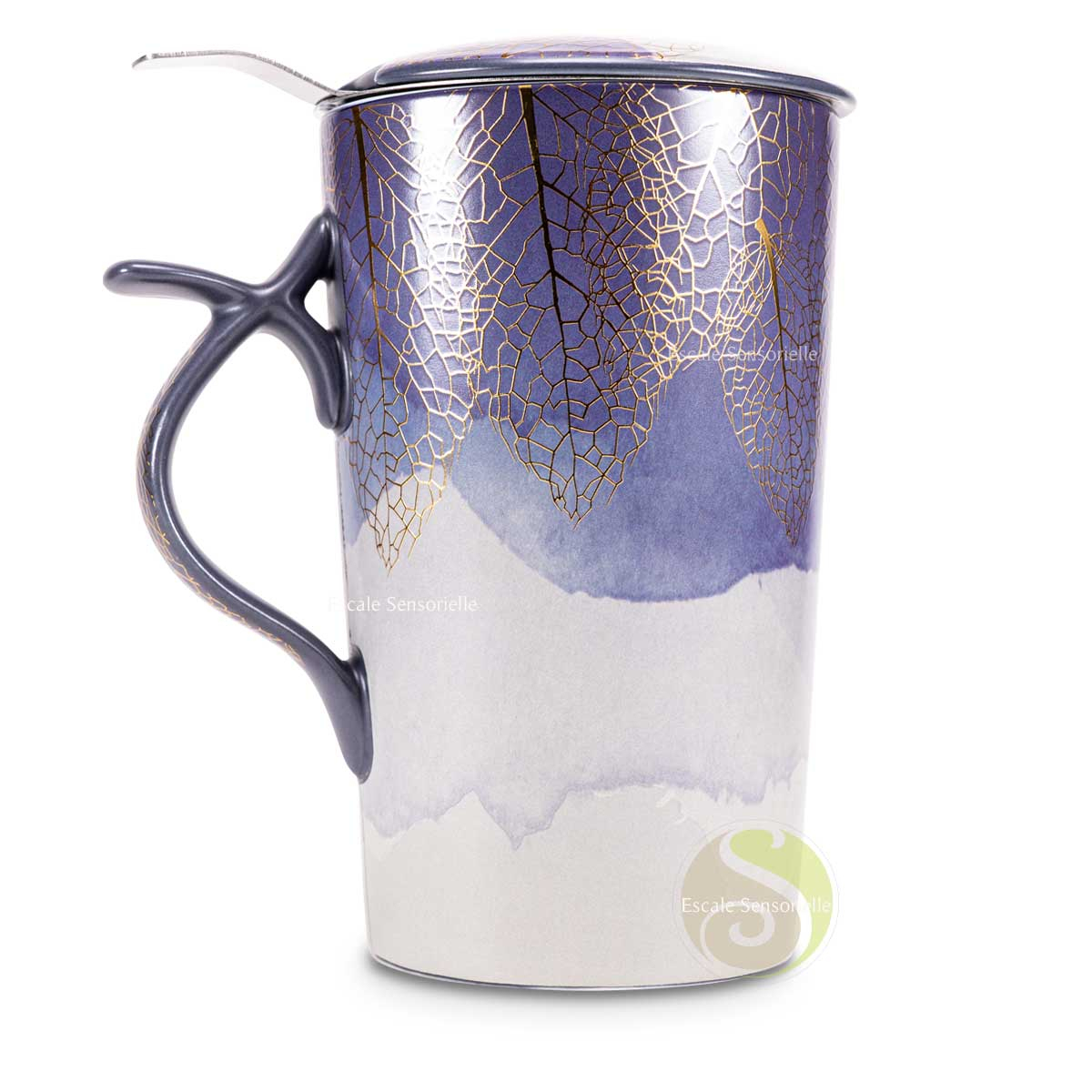 Tisanière céramique golden leaves indigo avec anse et filtre amovible 400ml