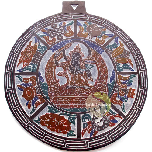 Décoration tibétaine ardoise murale gravée Manjushri signes auspicieux