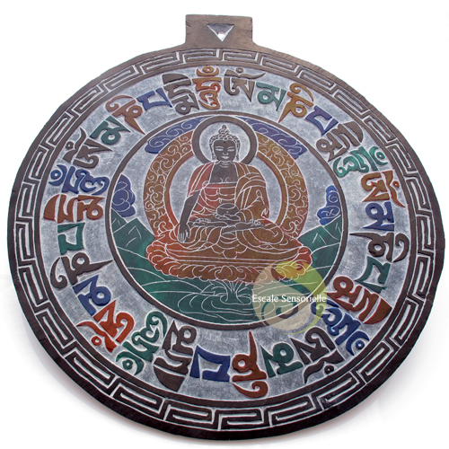 Lithographie murale sculptée Bouddha et mantra OM ardoise tibétaine