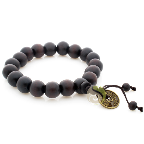 Bracelet élastique tibétain mala bois monnaie chinoise