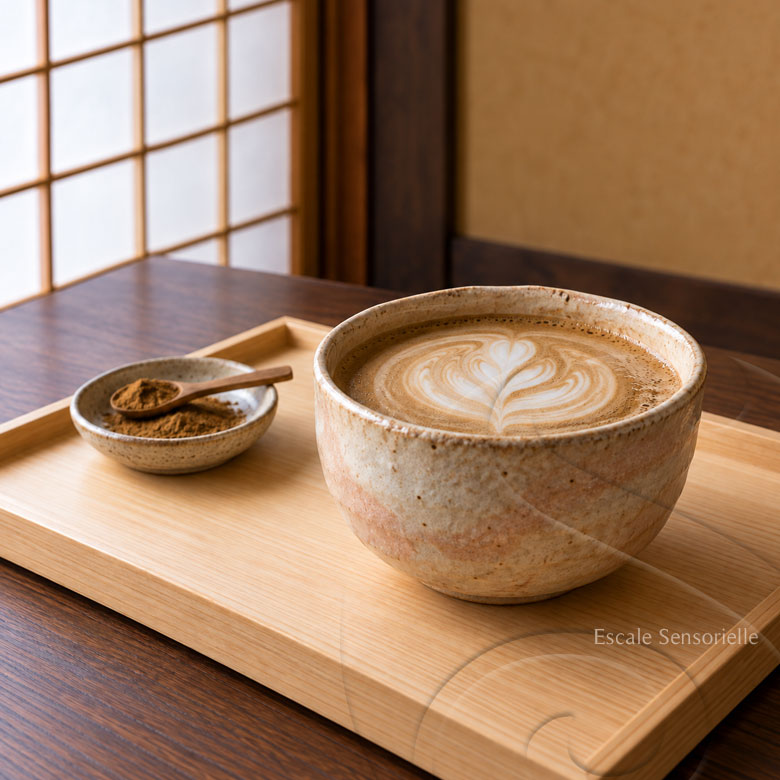 Hojicha latte dans bol chawan sur plateau Hinoki